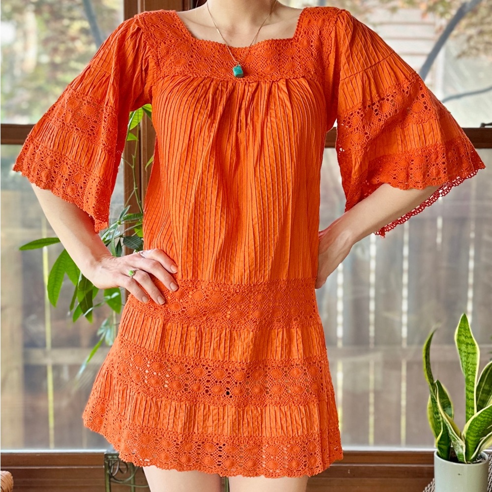 70s Mexican Pintuck Crochet Dress
